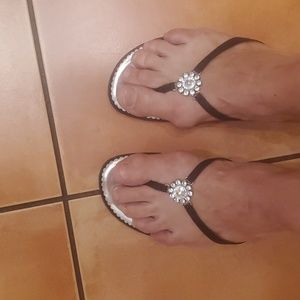 White Stag Black & Silver Thong Sandals with Rhinestones 9